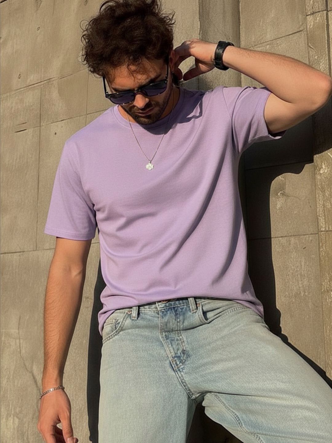 Mast & Harbour Rigo Men Light Purple Solid Round Neck Regular Fit Cotton T-shirt