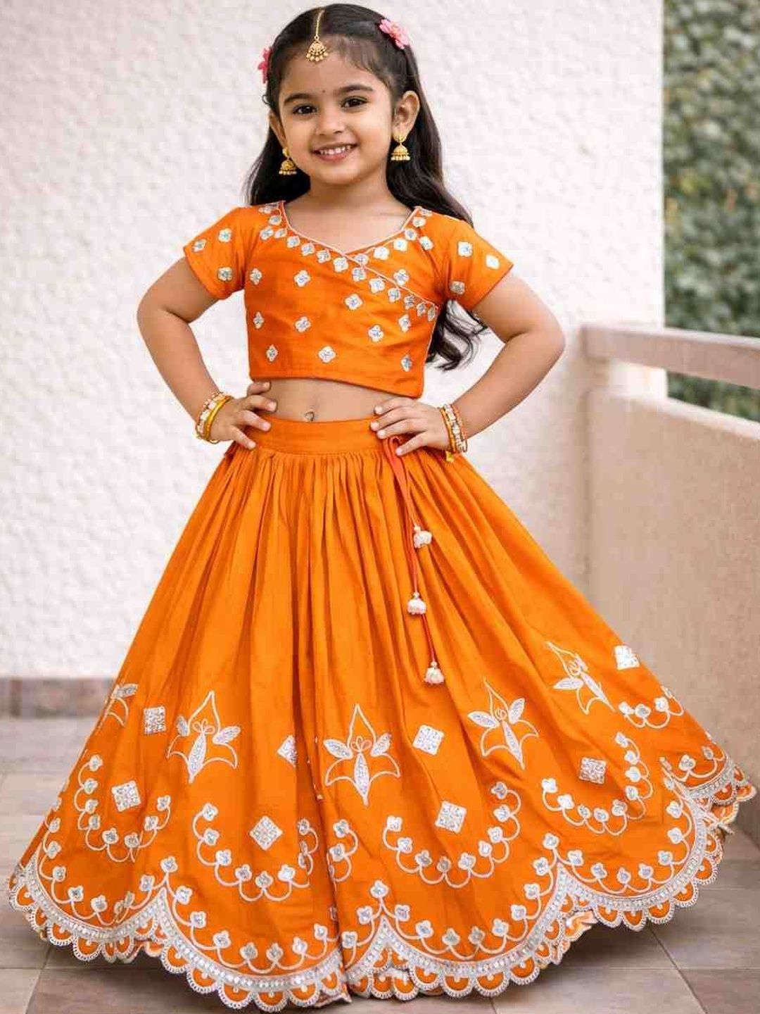 Sangria Girls Embroidered V-Neck Flared Lehenga Choli