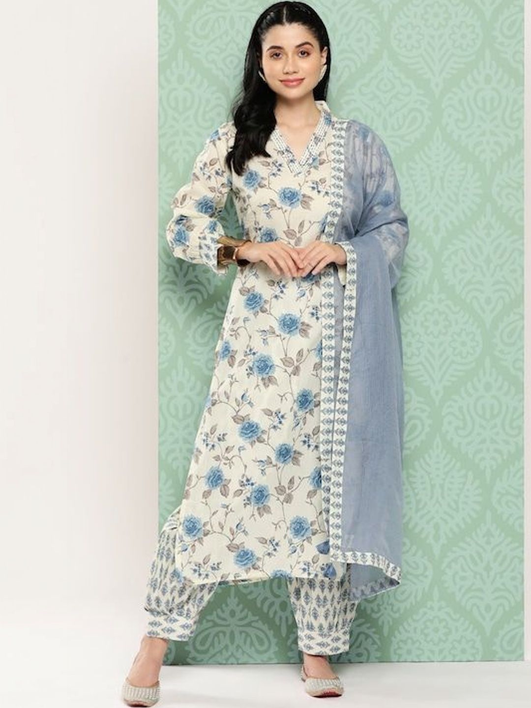 Sangria Printed V-Neck Kurta Sets