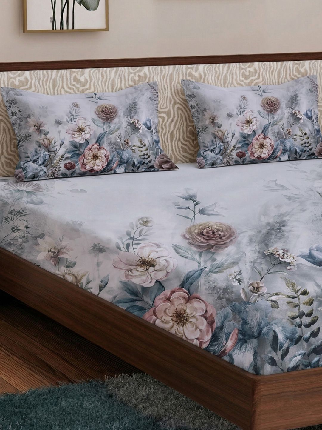 Monte Carlo Monte Carlo Grey Floral Double Bedsheet with 2 Pillow Covers