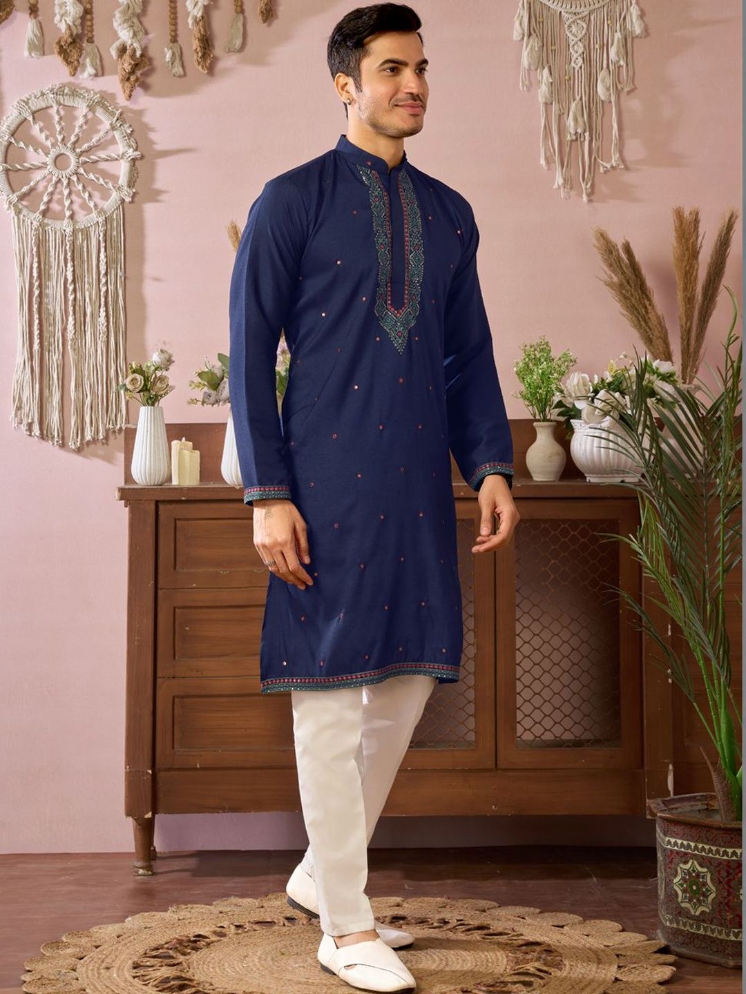 House of Pataudi House of Pataudi Men Embroidered Mandarin Collar Kurta & Pyjamas Kurta Set