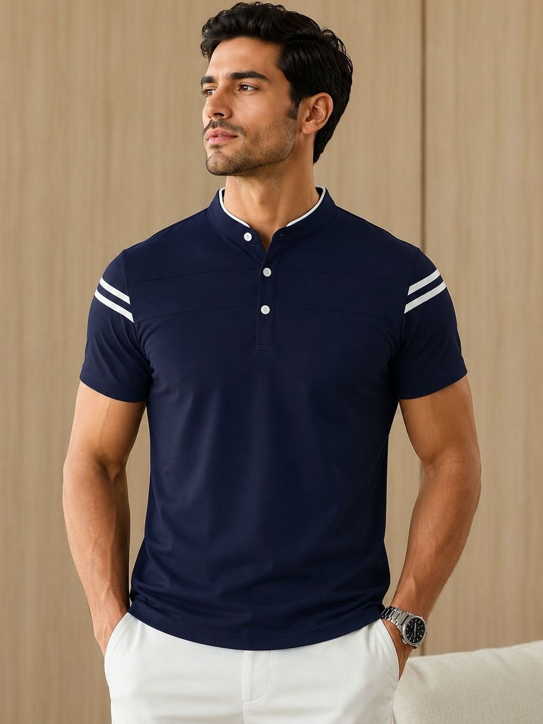 Mast & Harbour Men Colourblocked Mandarin Collar T-shirt