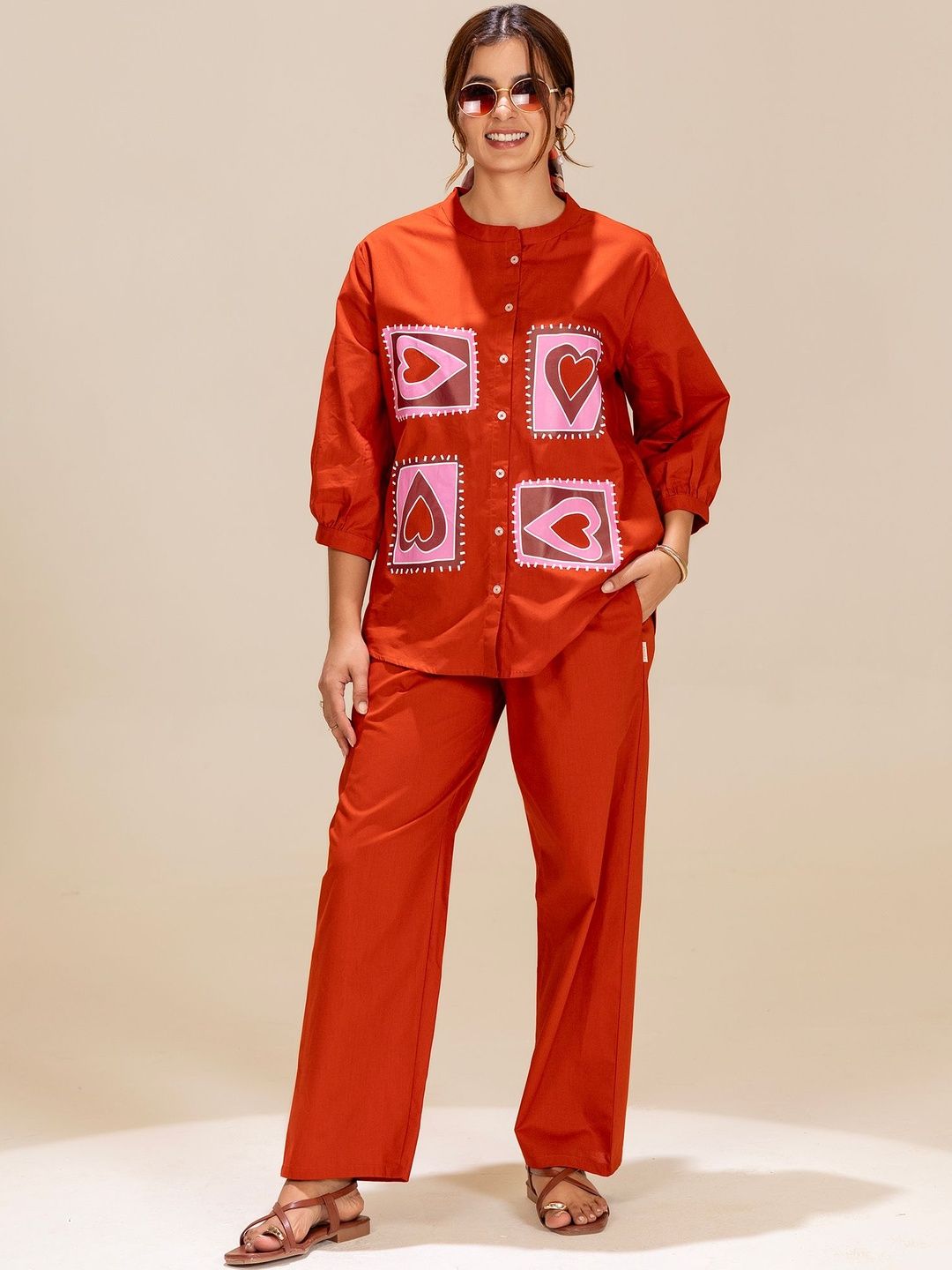 Women Printed Co-ord Set TITTLI Women Printed Mandarin Collar Pure Cotton Regular Fit Co-Ords