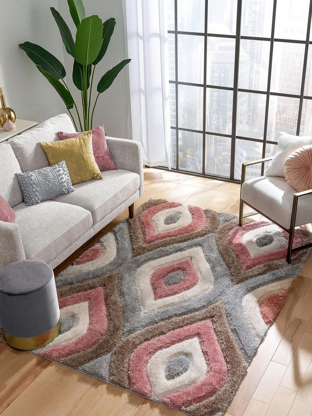 KAYNAT CARPET KAYNAT CARPET Pink Geometric Anti-Skid Polyester Carpet