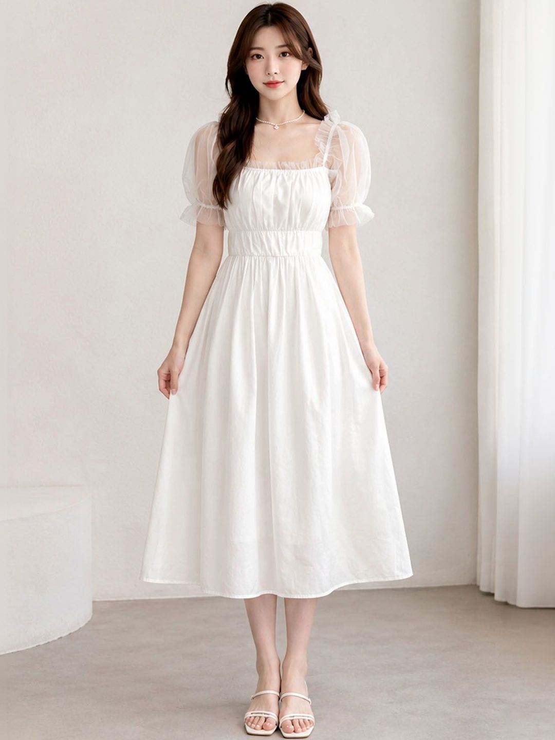 DressBerry Puff Sleeve A-Line Midi Dress