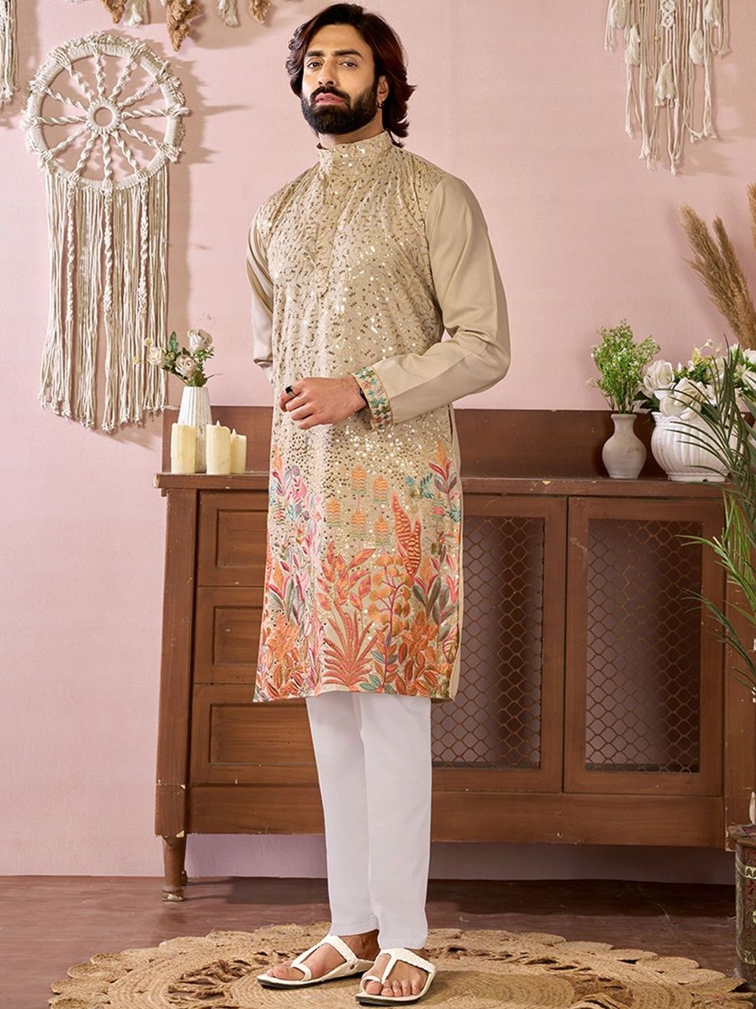 House of Pataudi Men Embroidered Cotton Mandarin Collar Straight Kurtas