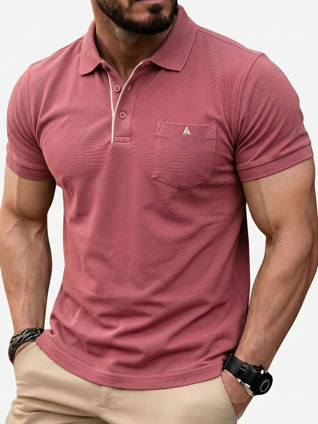 Utopium Men Brand Logo Polo Collar Pure Cotton Pockets T-shirt