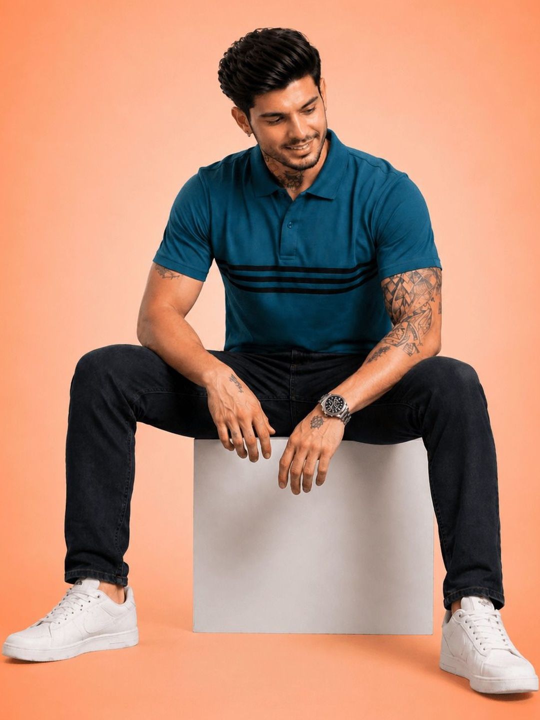 HERE&NOW Men Striped Polo Collar T-shirt