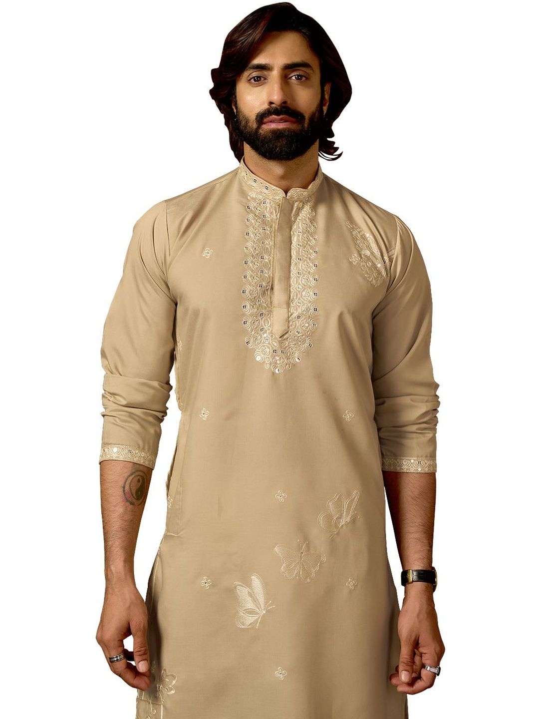 House of Pataudi Embroidered Cotton Mandarin Collar Knee Length Straight Kurtas
