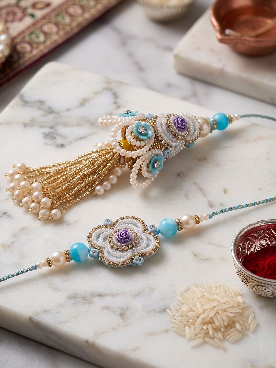NVR Set Of 2 Pearls & Artificial Stones Floral Bhaiya Bhabhi Rakhi With Roli Chawal