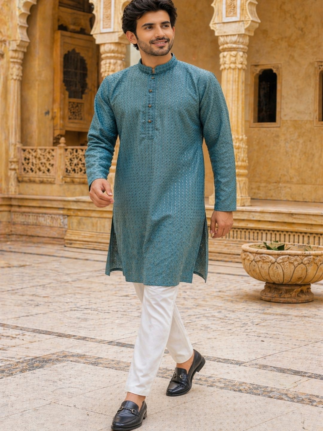 HERE&NOW Men Geometric Embroidered Chikankari Kurta