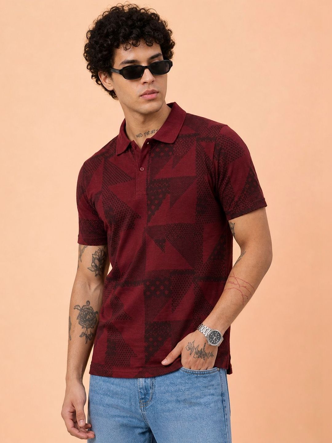HERE&NOW Men Printed Polo Collar T-shirt