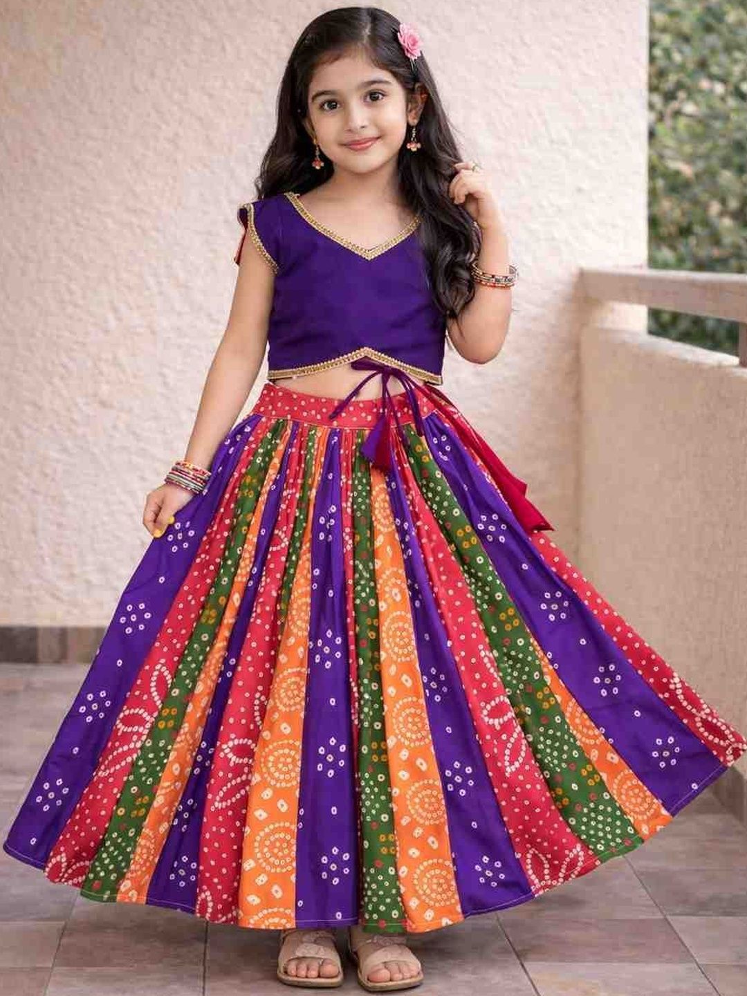Sangria Girls Printed V-Neck Flared Lehenga Choli