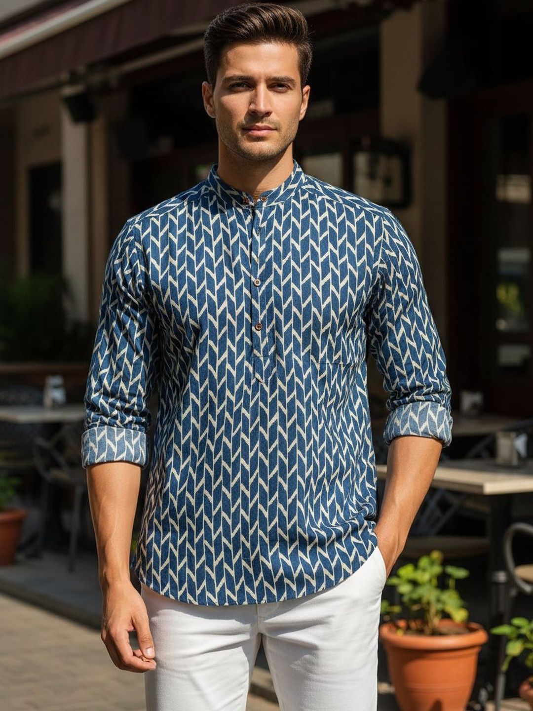 RICH STAG Men Geometric Printed Indigo Kurta