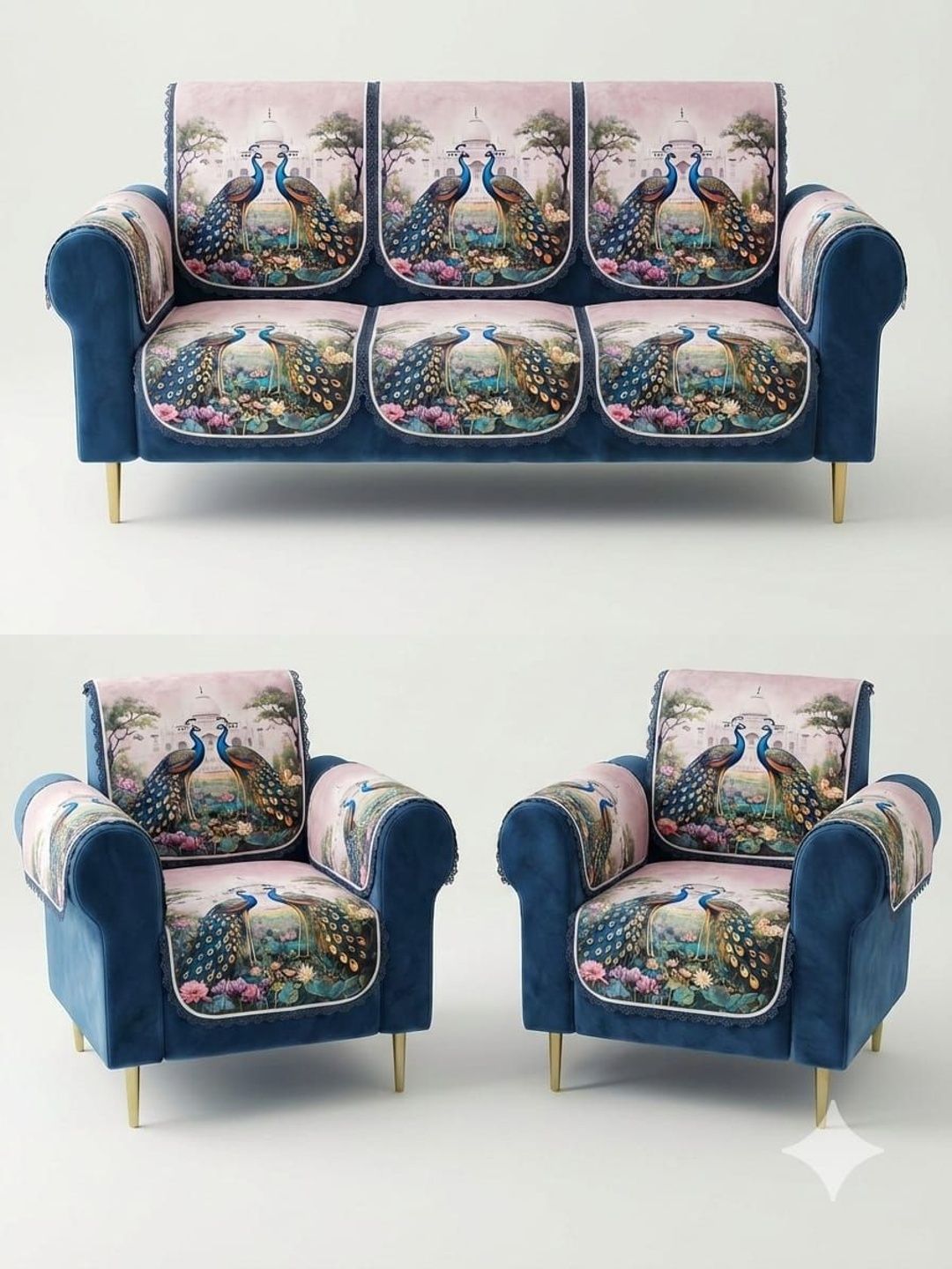 KANUM KANUM Blue & Blue Printed Polyester Blend 3 Piece Sofa Cover Without Arms