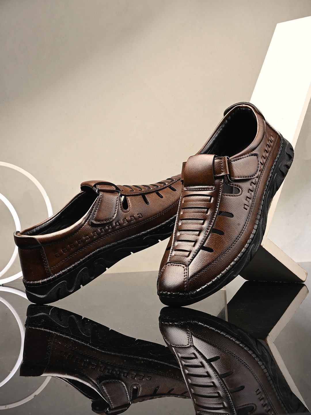 The Roadster Lifestyle Co Men Leather Velcro Fisherman Sandals