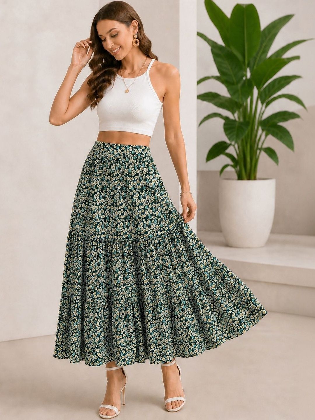AmorLuxe Women Crepe Floral Micro or Ditsy Print Midi Tiered Skirt