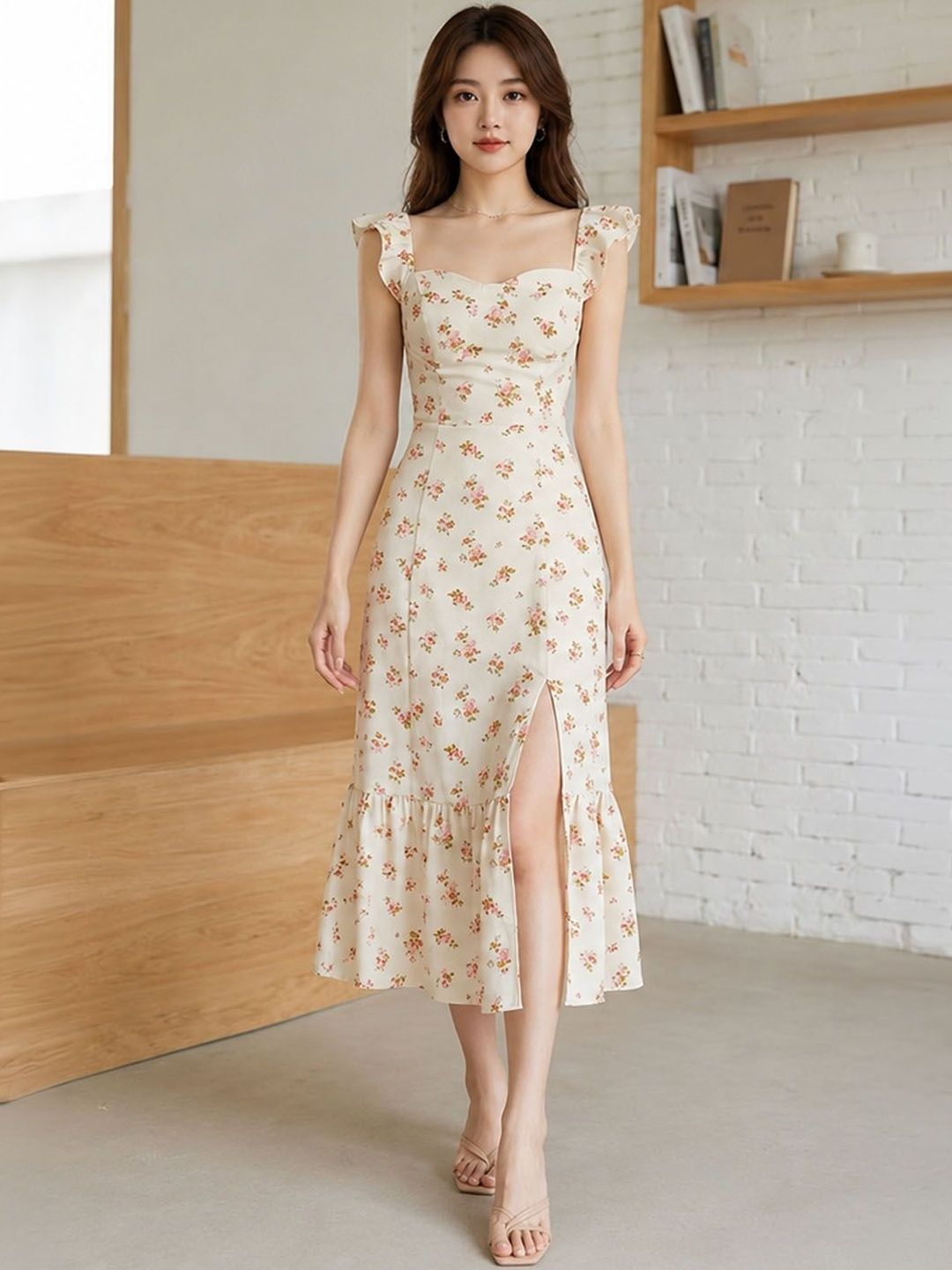 DressBerry Floral Print Ruffled Sheath Midi Dress