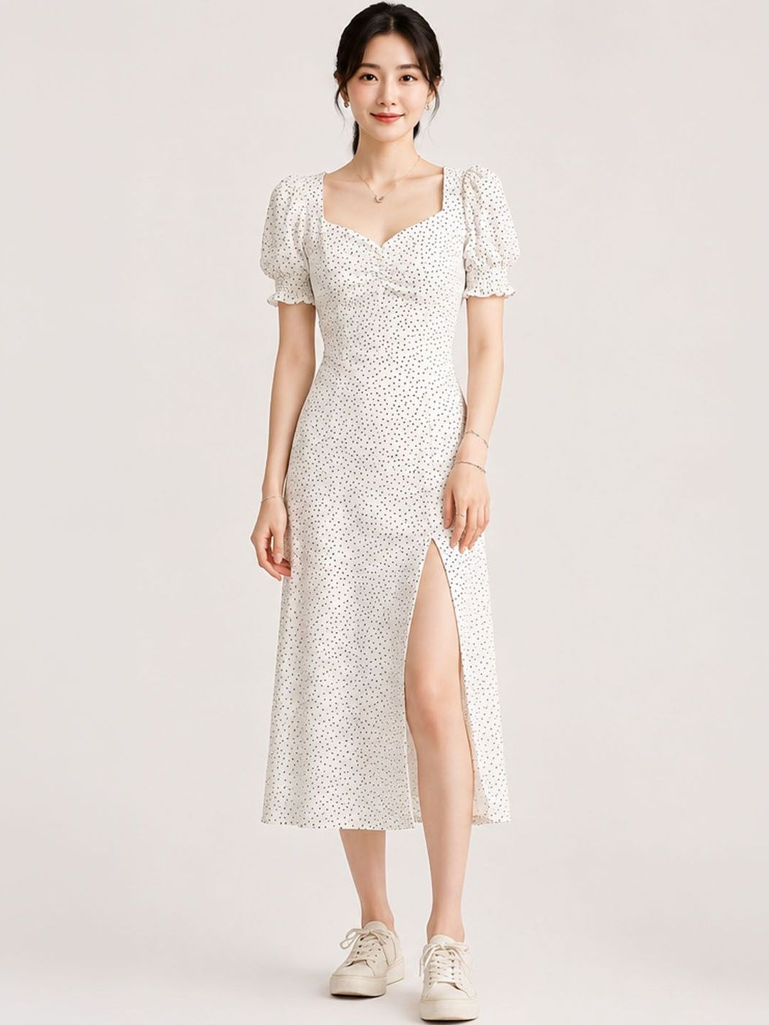 DressBerry Polka Dot Print Puff Sleeve Sheath Midi Dress