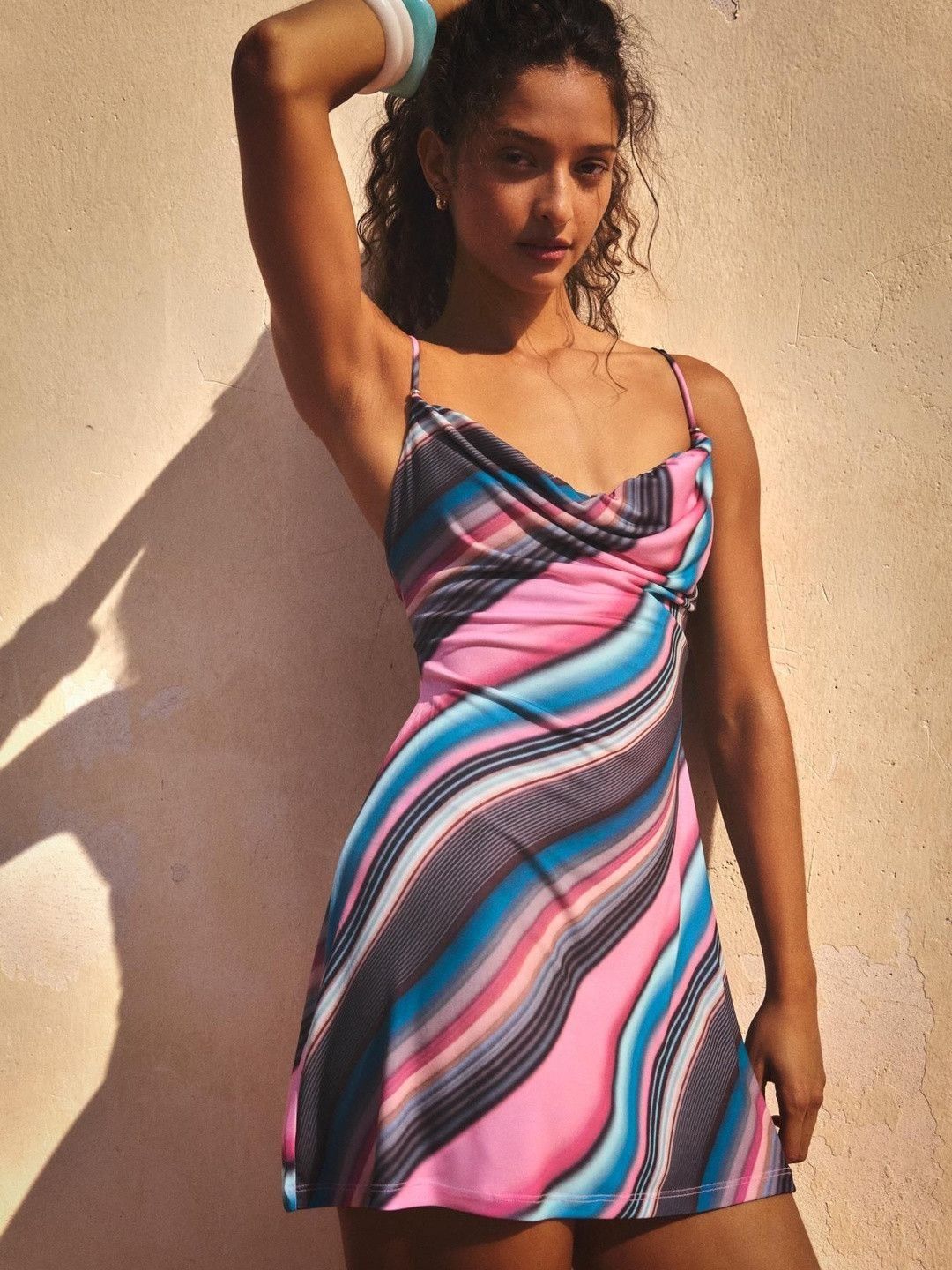 Abstract Printed Cowl Neck A-Line Mini Dress