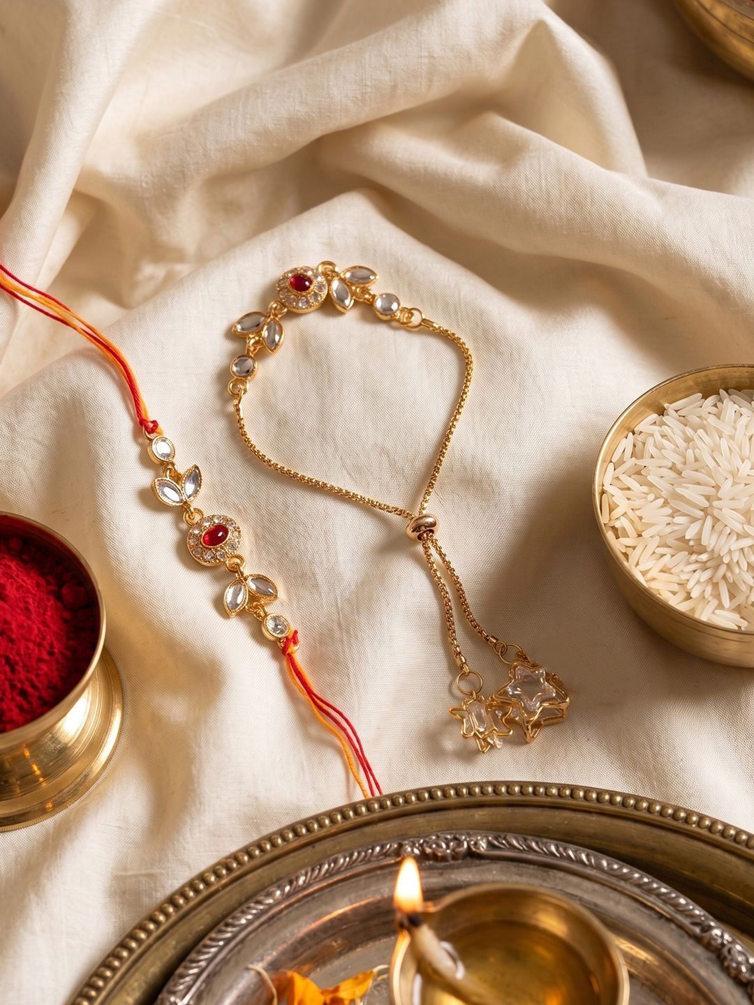 NVR Set Of 2 Kundan Studded Gold Toned Bhaiya Bhabhi Rakhi With Roli Chawal