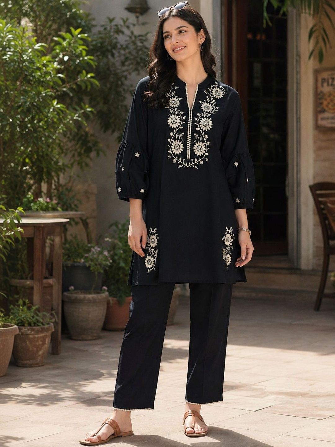 Embroidered Cotton Kurta Set Nayam By Lakshita Women Ethnic Motifs Embroidered Regular Thread Work Kurta with Trousers