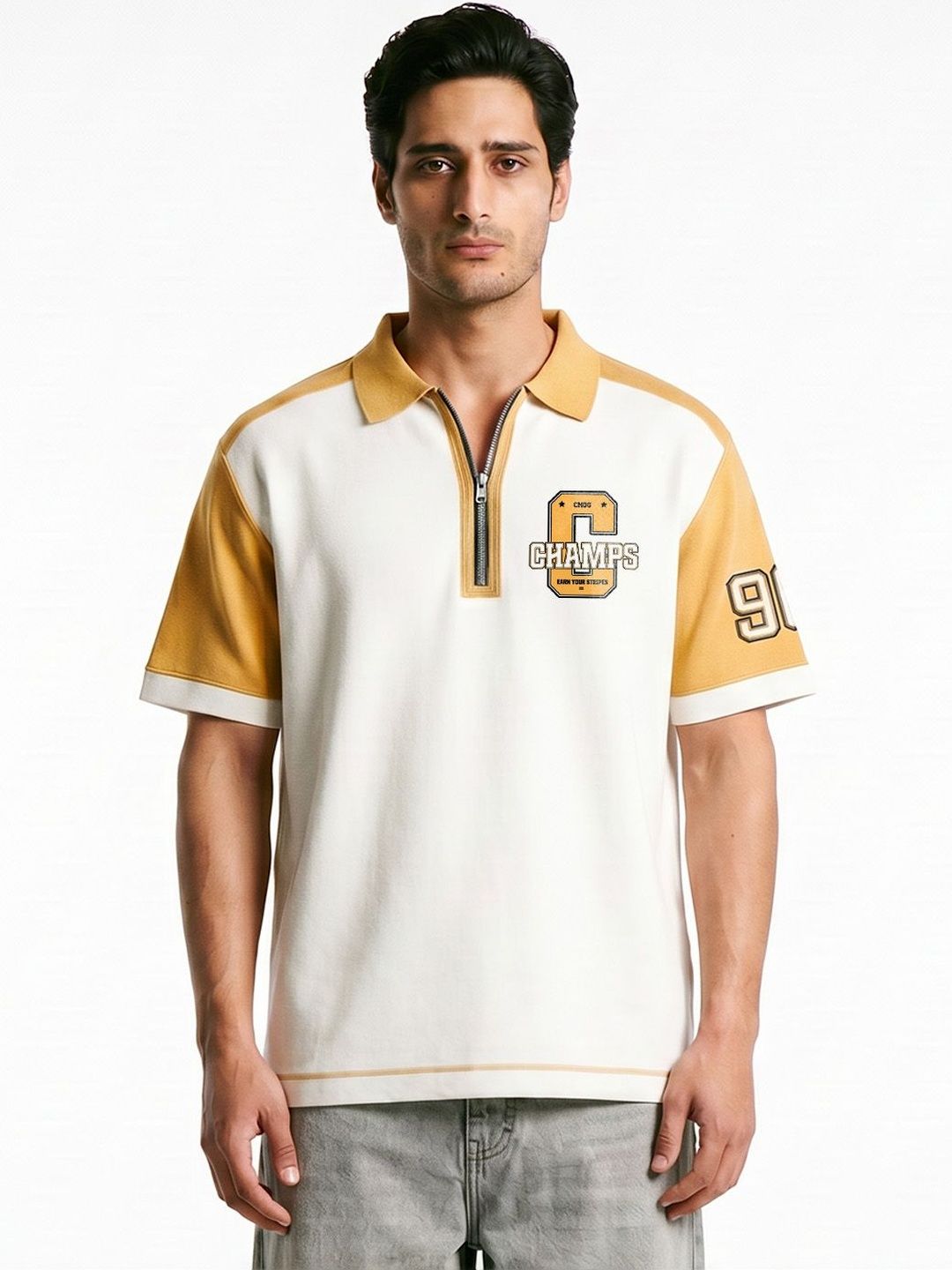 Crazymonk Men Polo Collar Extended Sleeves Applique T-shirt