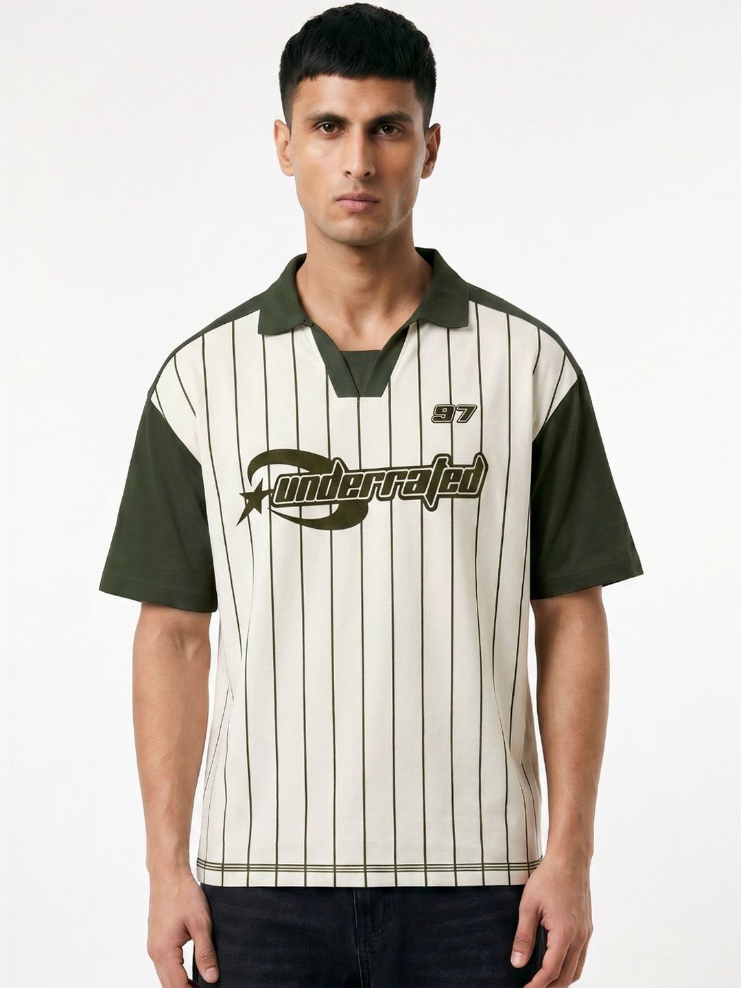 Crazymonk Men Striped Polo Collar Extended Sleeves Monochrome Applique T-shirt