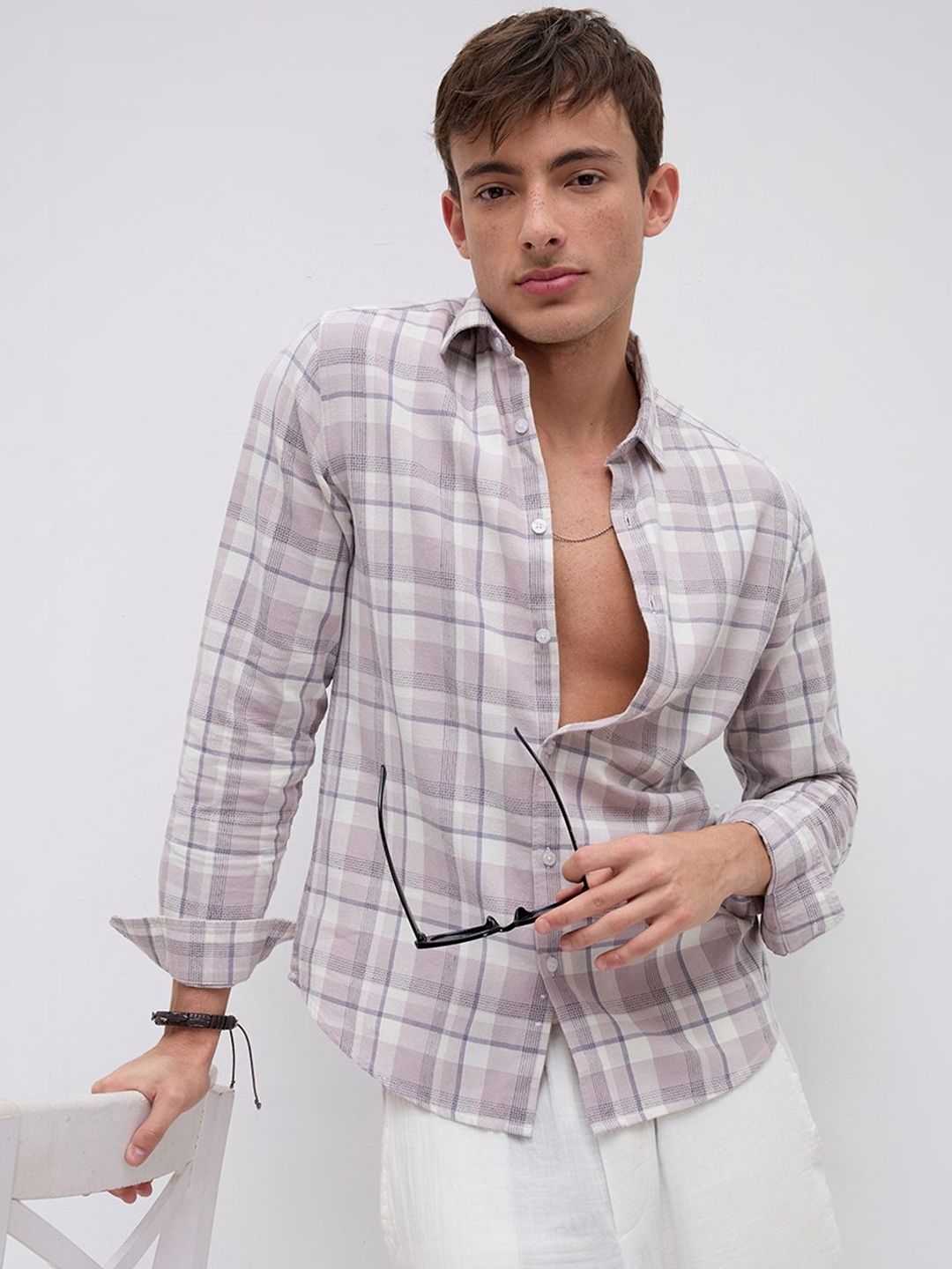 VASTRADO Dusty Pink Micro Herringbone Windowpane Checks Shirt