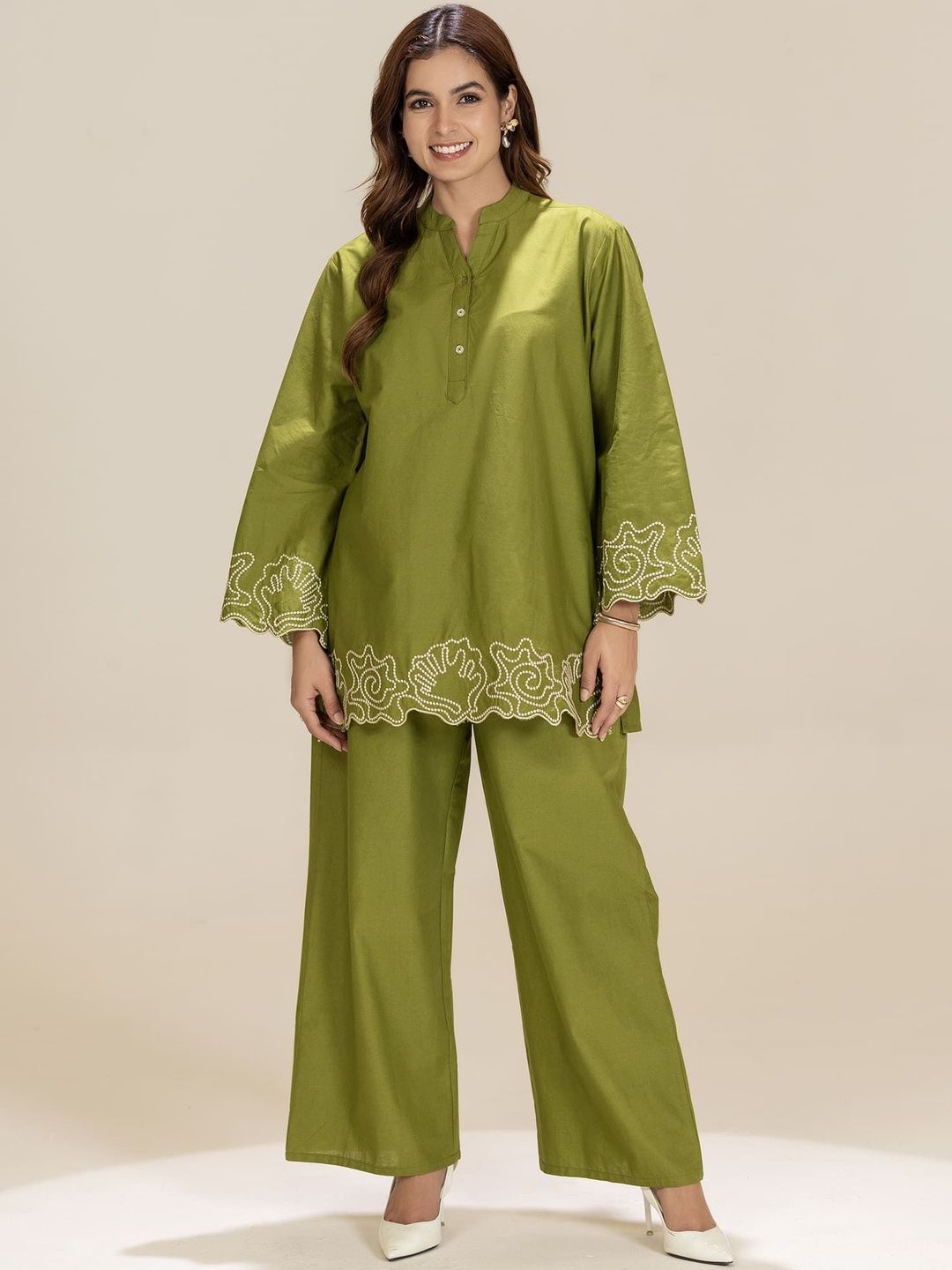 Women Printed Co-ord Set TITTLI Women Mandarin Collar Neck Embroidered Pure Cotton Regular Fit Co-Ord Set