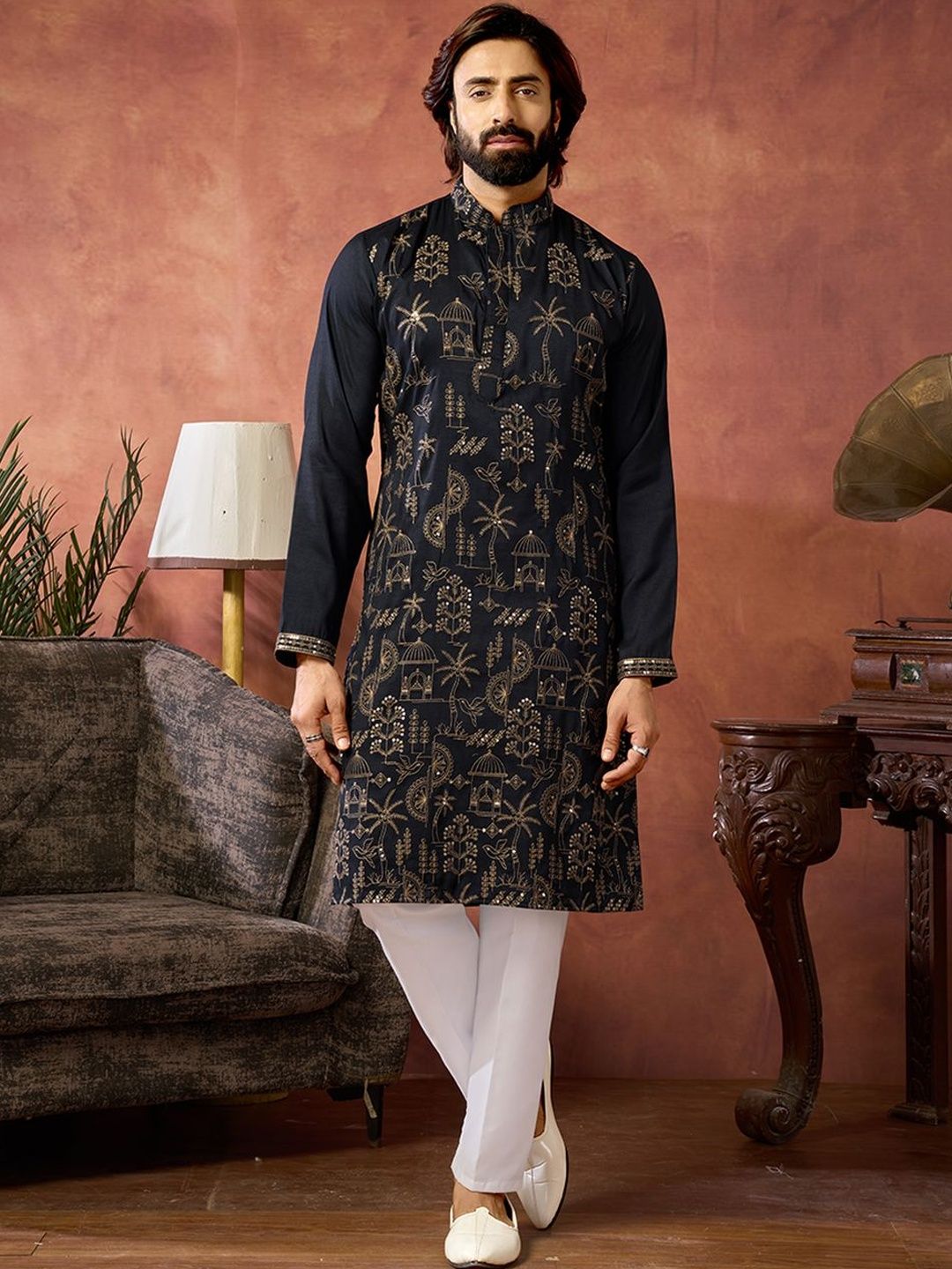 House of Pataudi Embroidered Cotton Mandarin Collar Knee Length Straight Kurtas