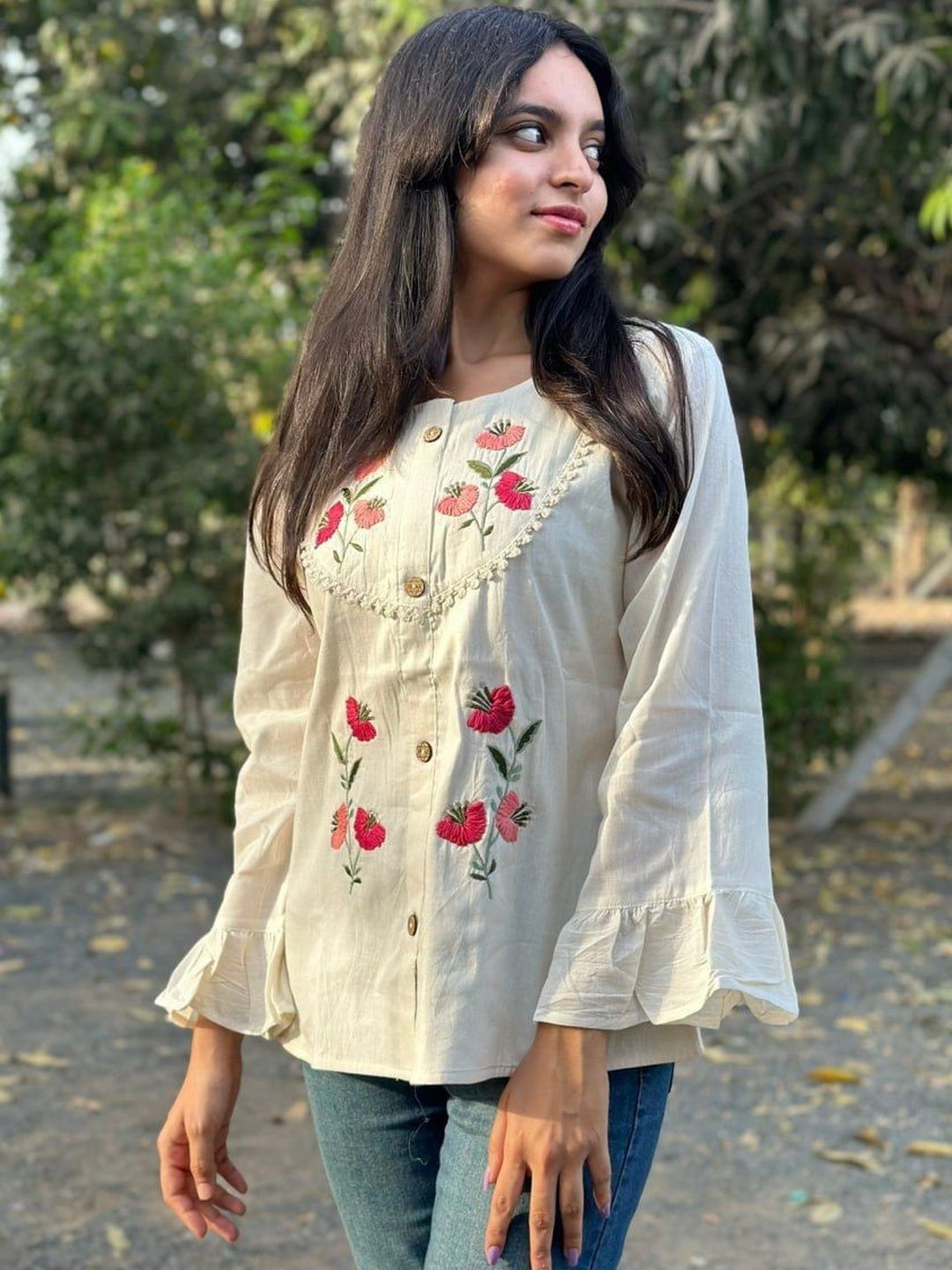 HAND Embroidered Top CORSICA Floral Embroidered Flared Sleeve Cotton Top