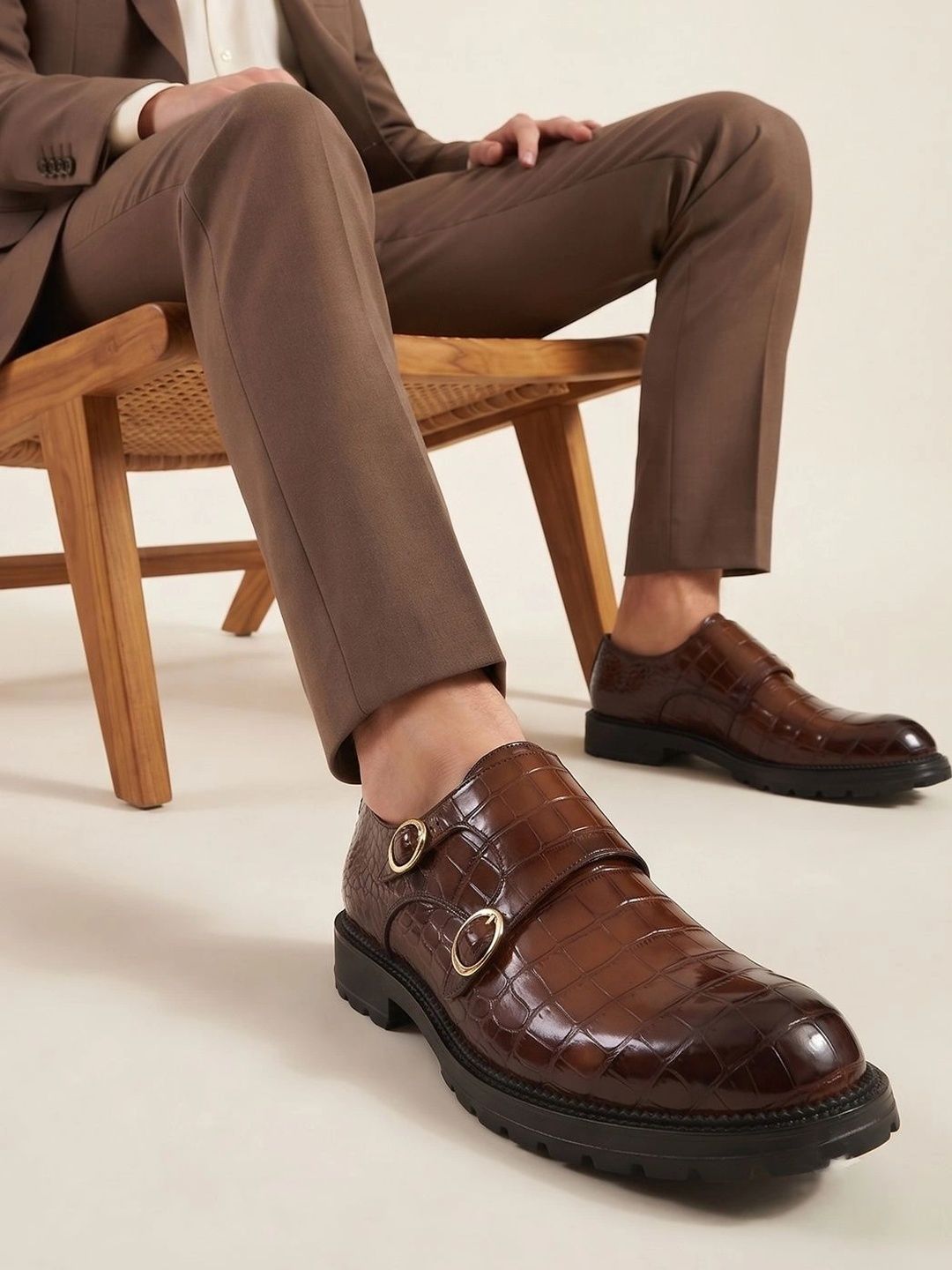House of Pataudi Men Textured Formal Monk Shoes