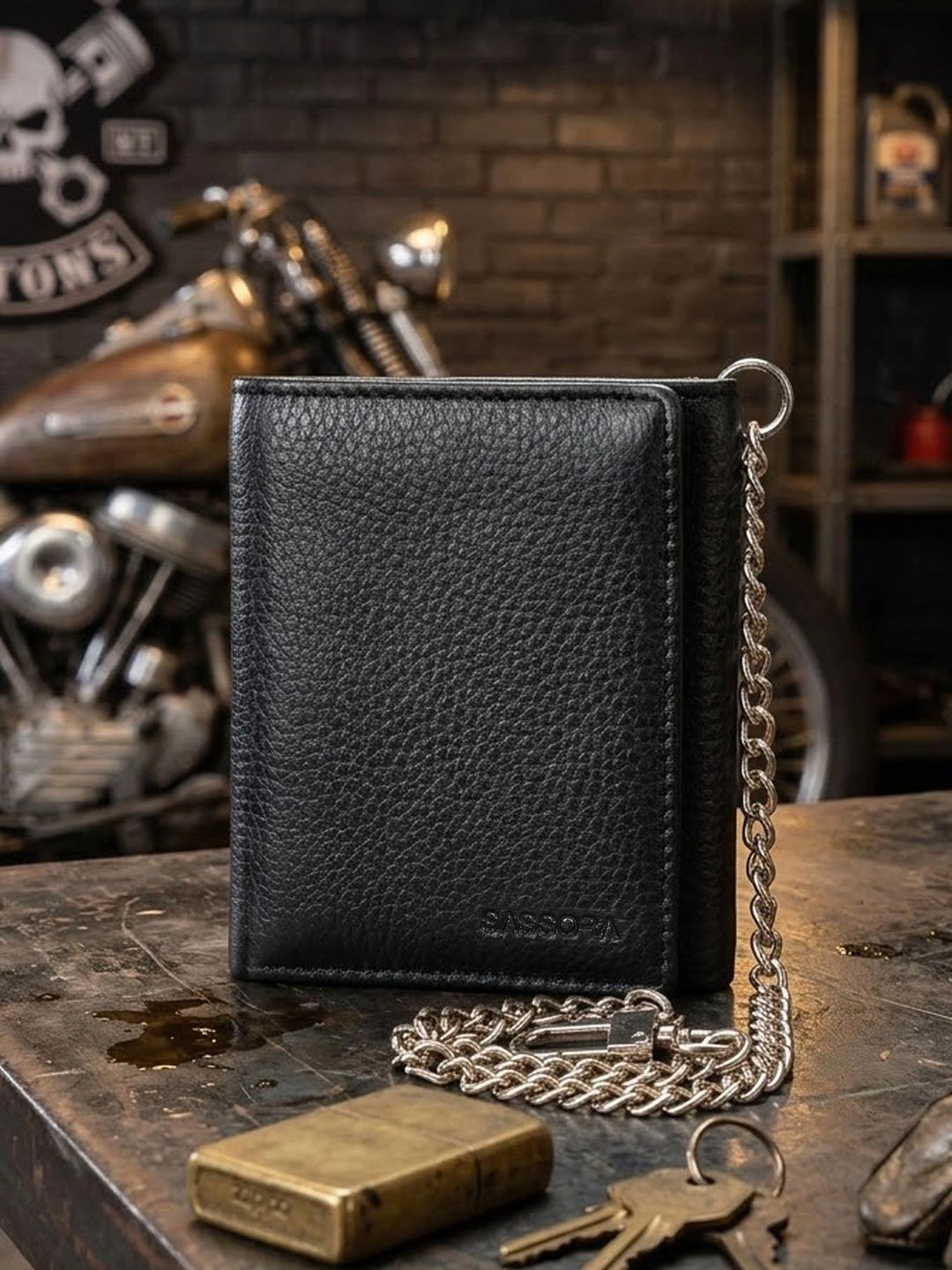 Buy Sassora Men Leather Chain Attached RFID Three Fold Wallet