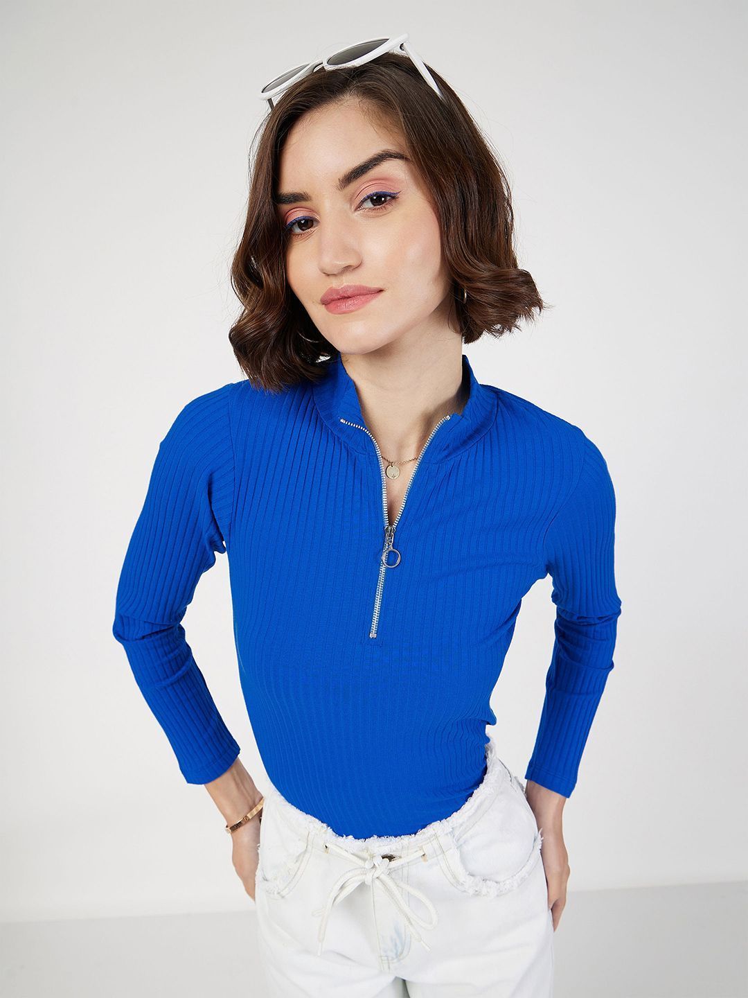 Buy SASSAFRAS Blue Front Zipper Ribbed Top - Tops for Women