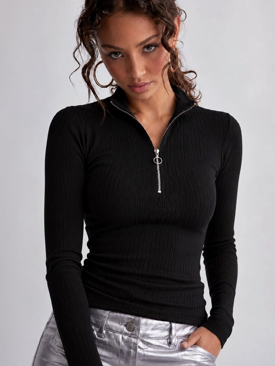 Buy SASSAFRAS Blue Front Zipper Ribbed Top - Tops for Women