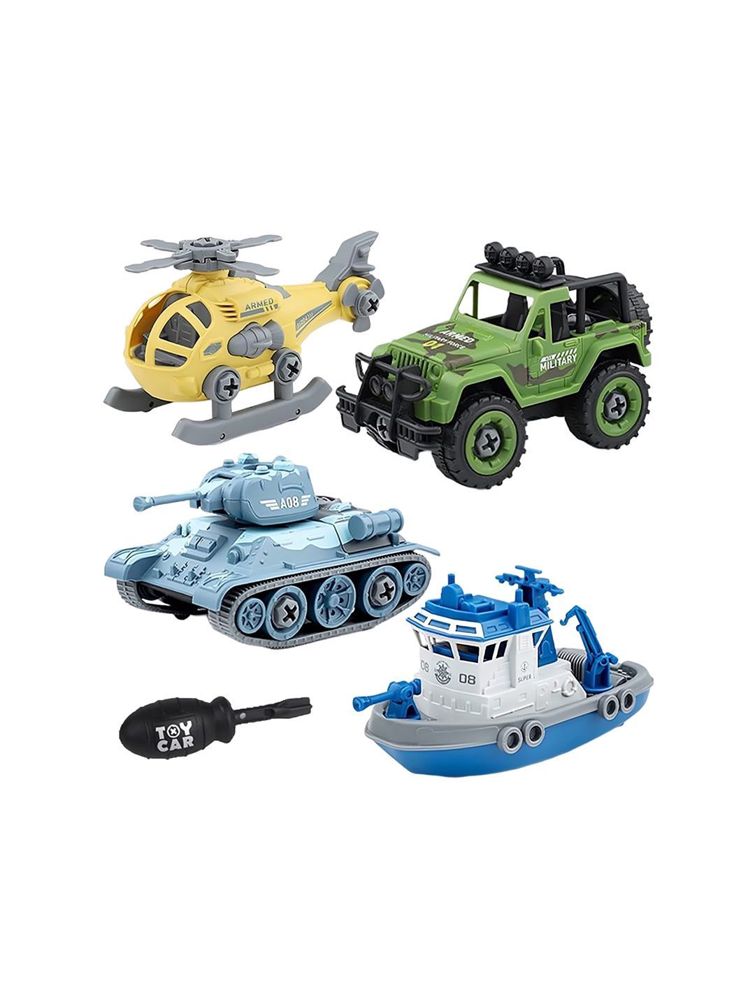 ADKD Kids Pack Of 4 Diy Military Army Foldable Vehicles Toy With Screwdriver