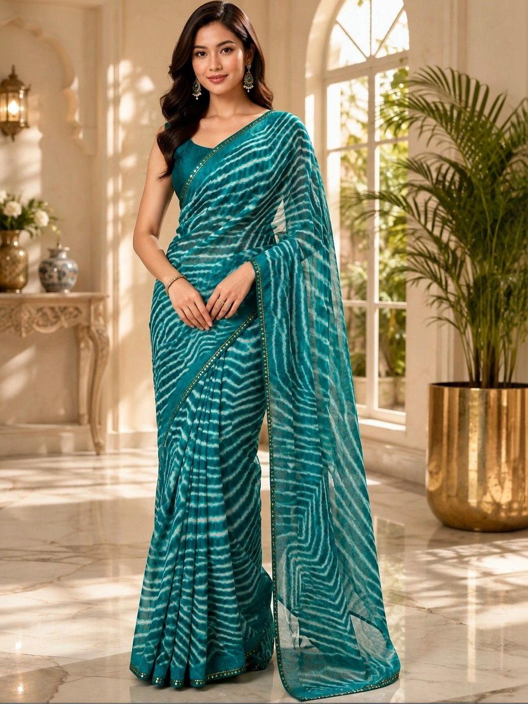 Vervee Couture Teal Leheriya Georgette Saree