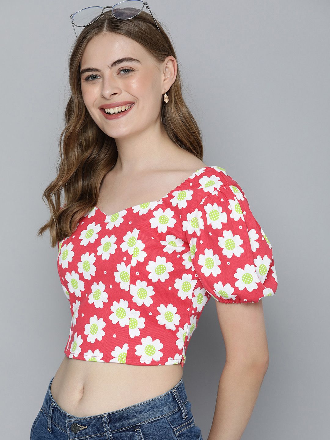 Mast & Harbour Pure Cotton Floral Print Sweetheart Neck Puff Sleeve Crop Top Price in India