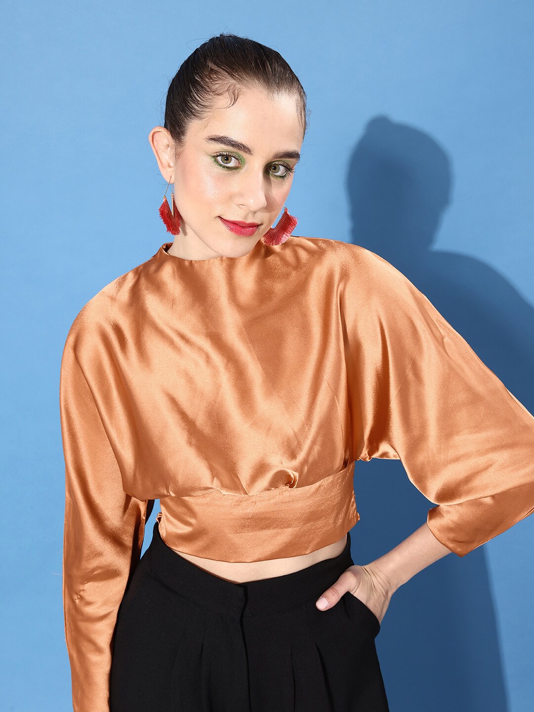 Mast & Harbour Dazzling Gold-Toned Smocked Blouson Cut It Off Party Lity Crop Top Price in India