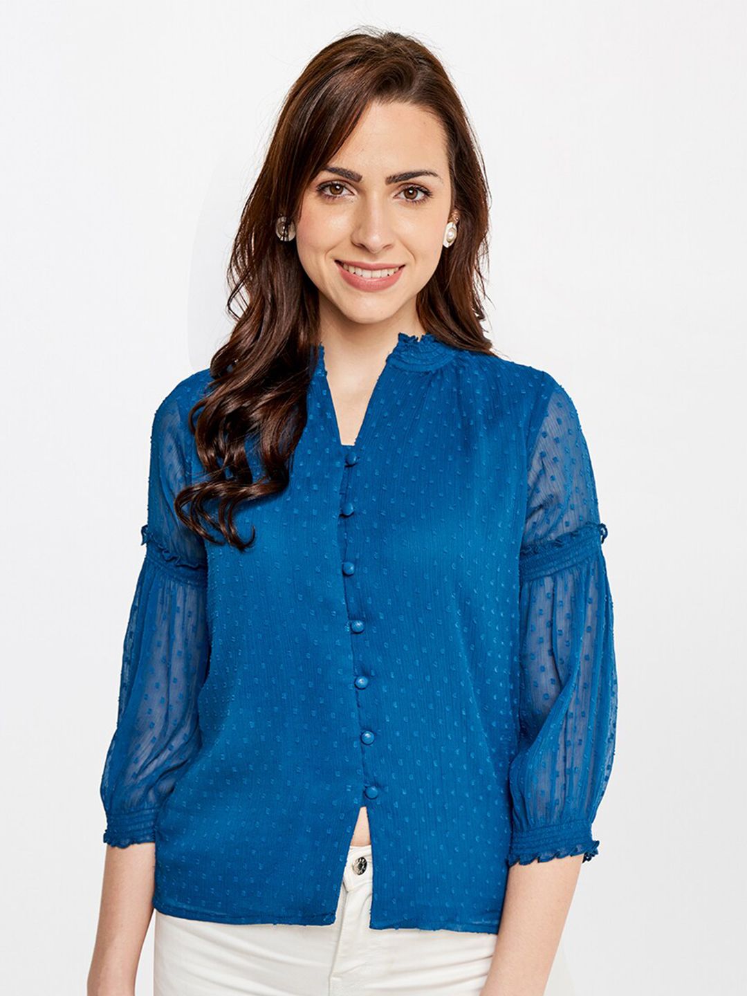 AND Teal Mandarin Collar Shirt Style Top Price in India