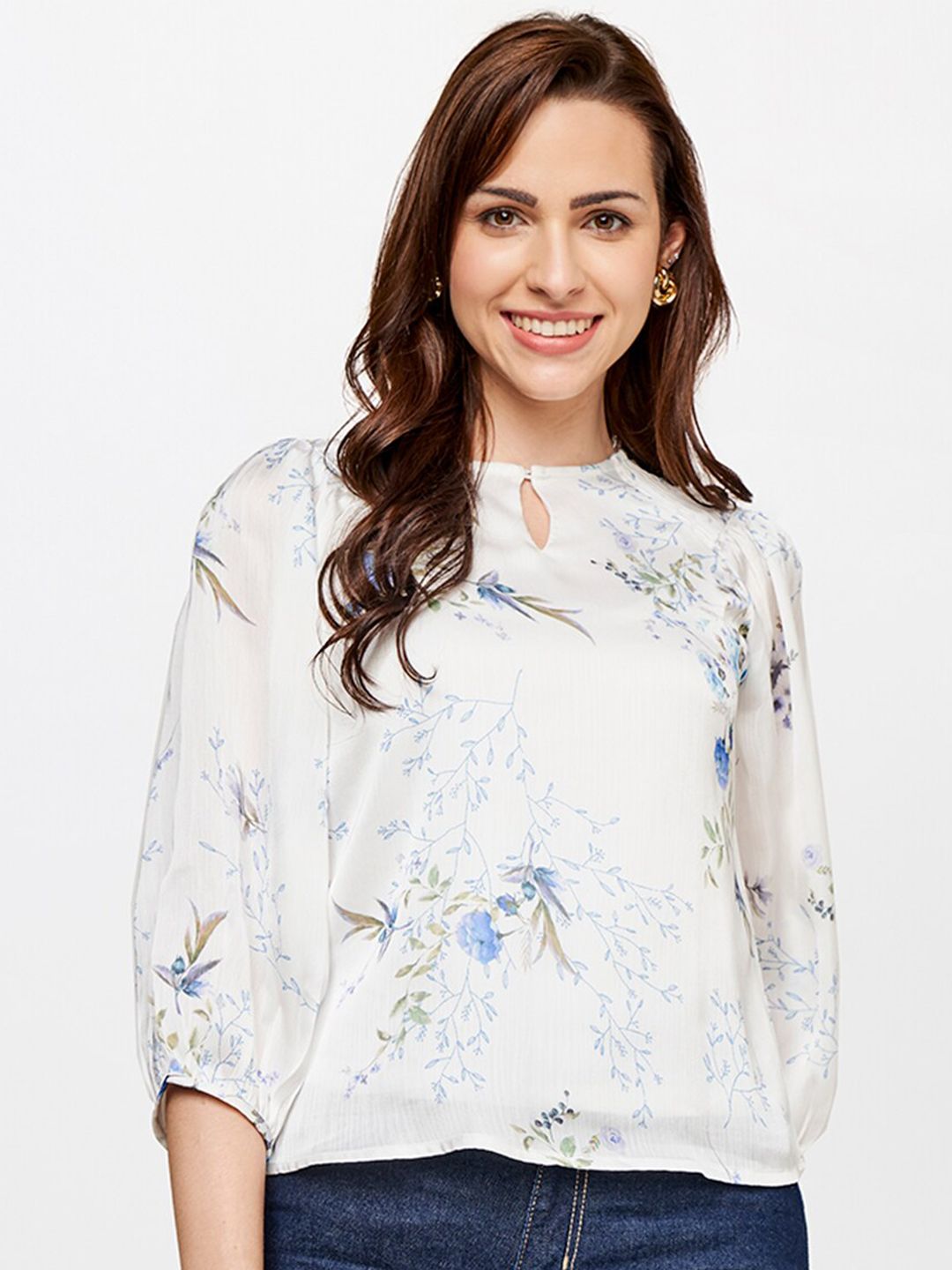 AND White Floral Print Styled Back Top Price in India