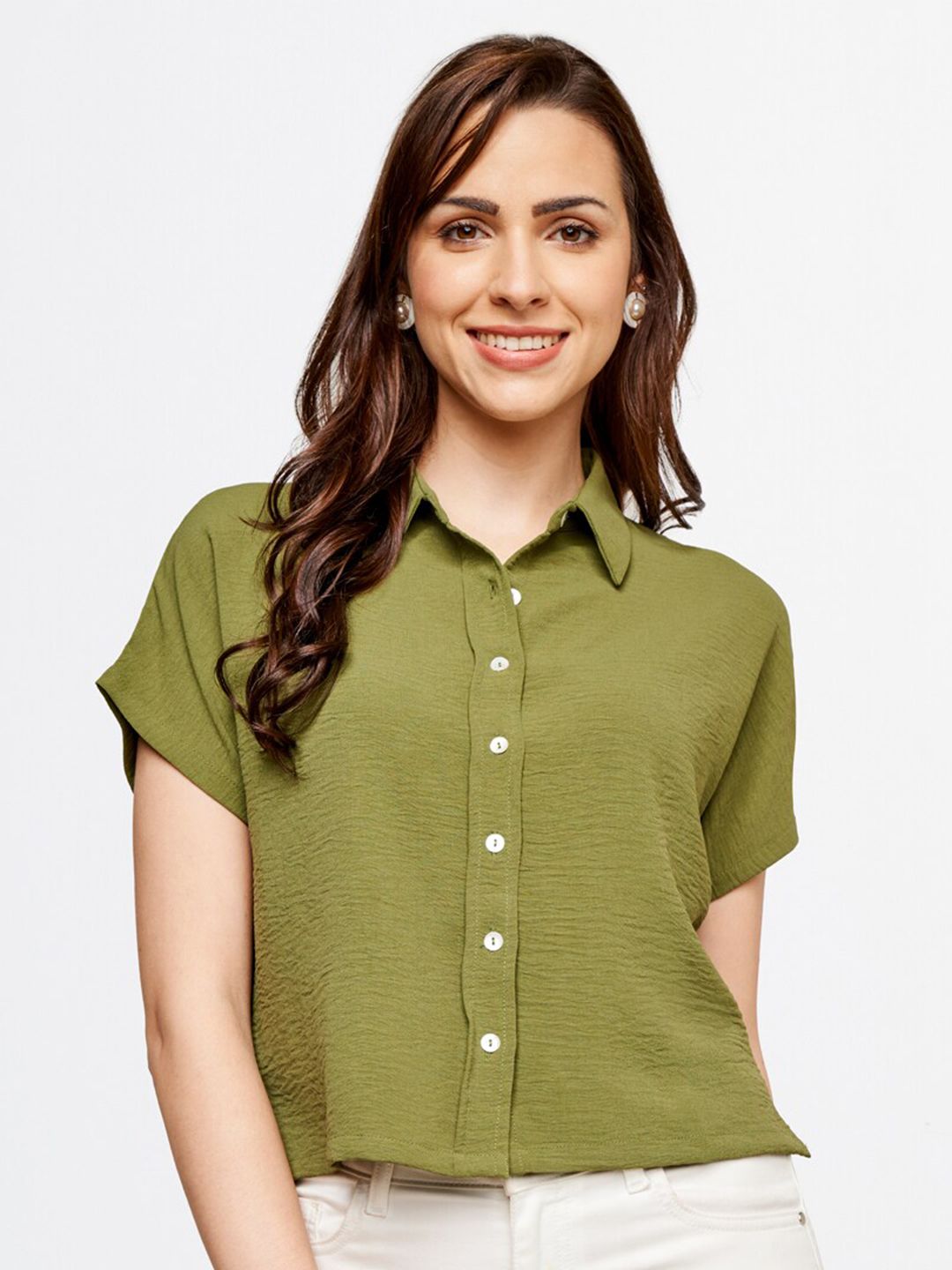 AND Olive Green Shirt Style Crop Top Price in India