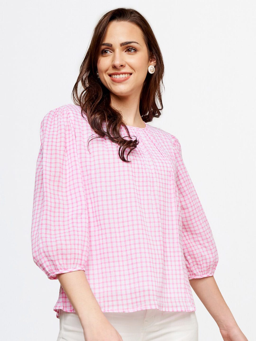AND Women Pink & White Puffed Sleeves Checked Top Price in India