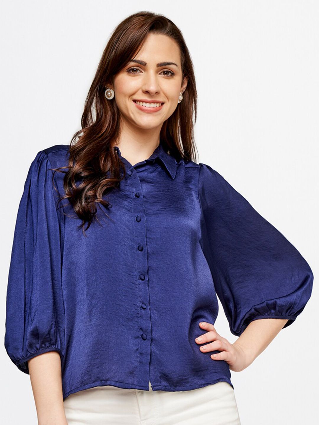AND Navy Women Blue Puff Sleeves Shirt Style Top Price in India