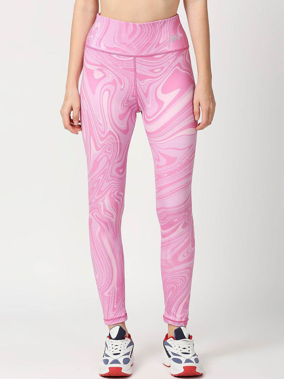 AESTHETIC NATION Women Pink & White Printed Dry Fit Tights Price in India