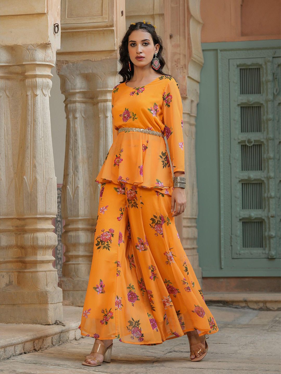 SCAKHI Women Yellow & Pink Printed Tunic with Palazzos Price in India