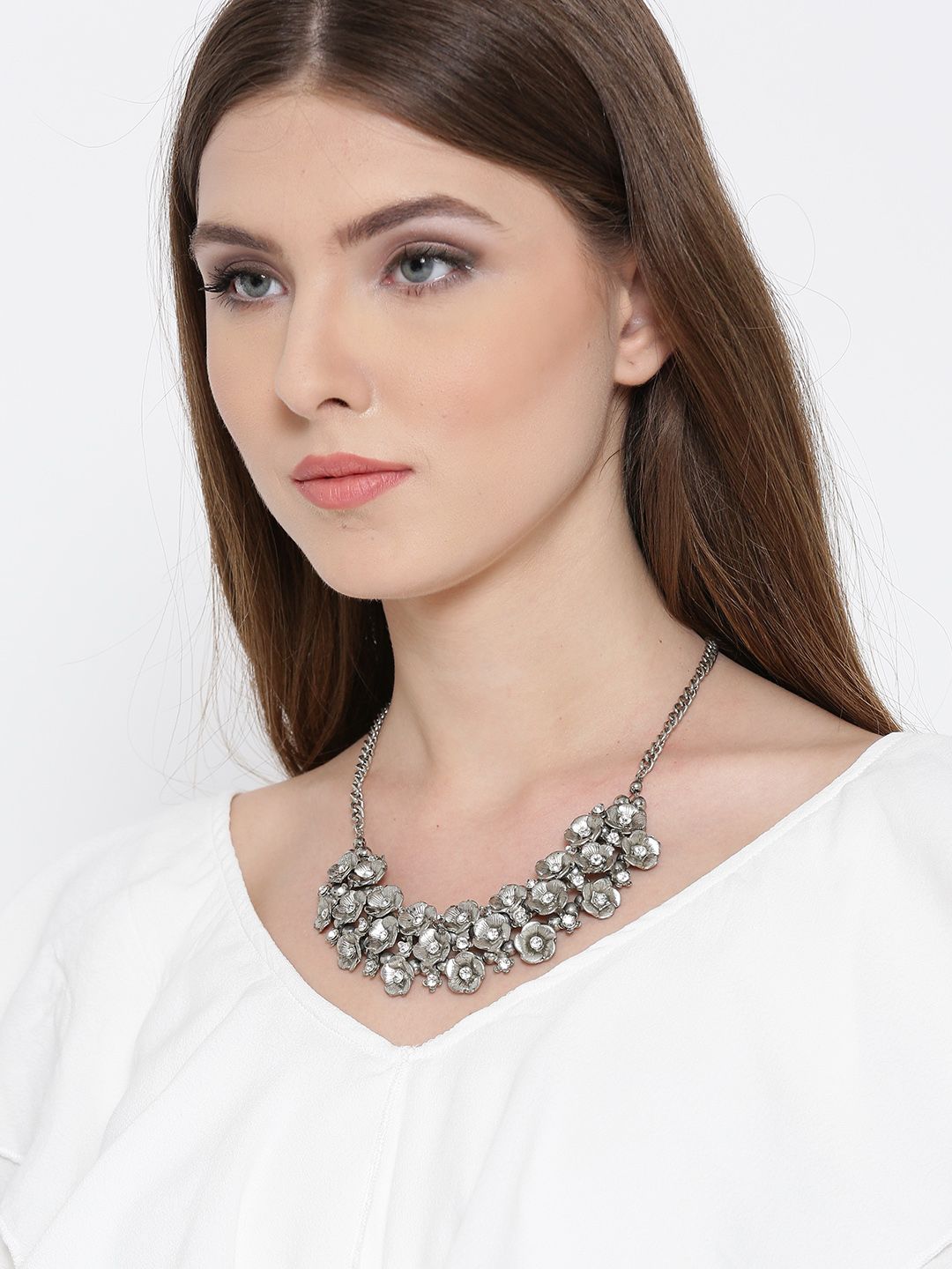YouBella Oxidised Silver-Plated Floral Stone-Studded Necklace Price in India