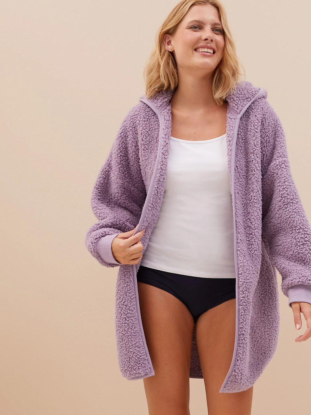Marks & Spencer Women Purple Solid Hooded Bath Robe Price in India