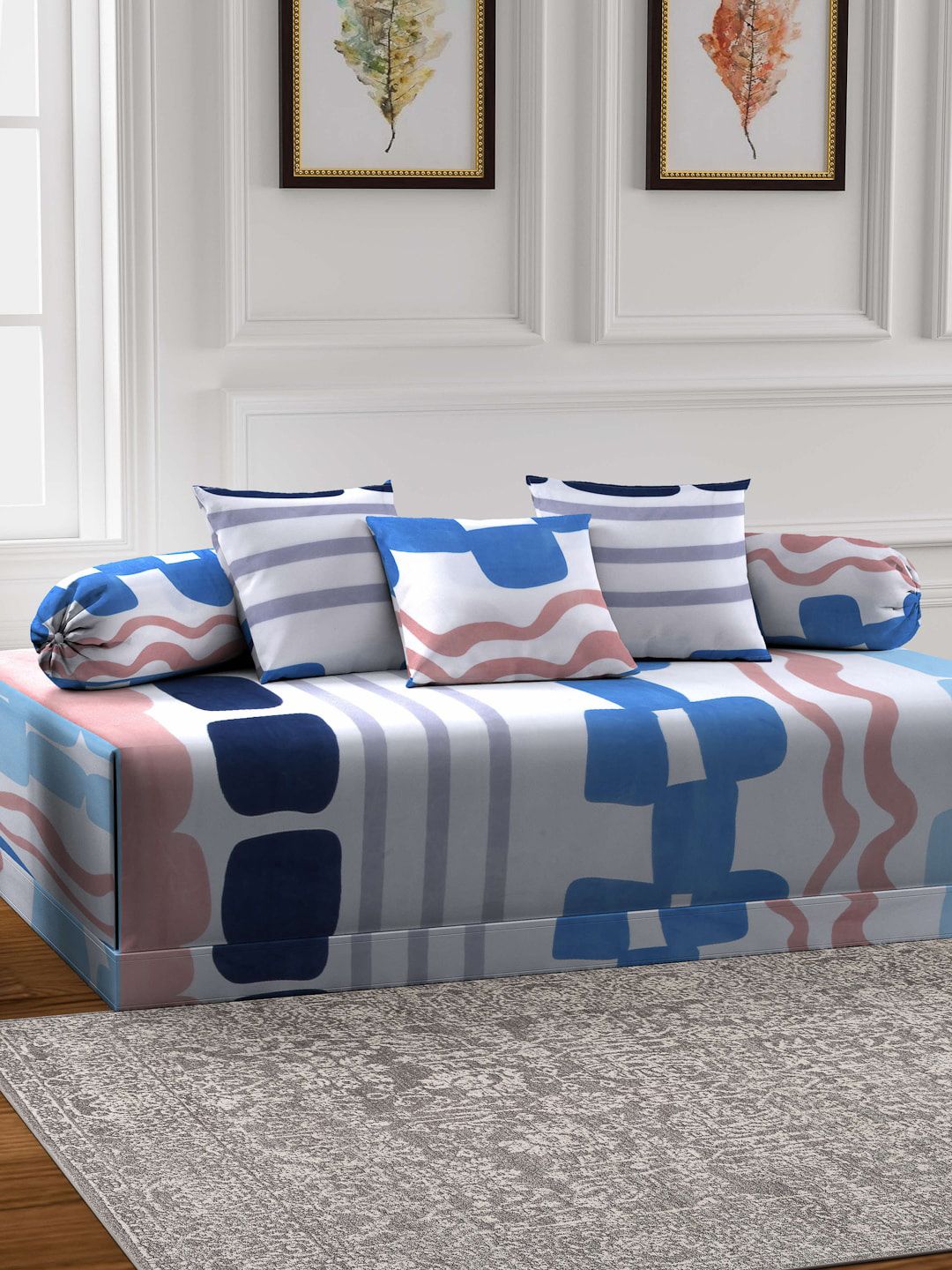 Arrabi Set Of 6 White & Blue Printed Diwan Set Price in India